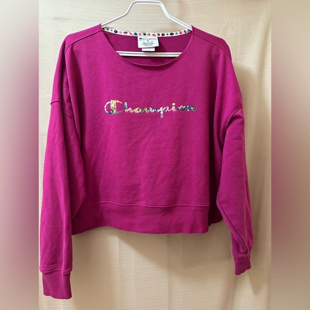 Champion Pink Cropped Sweatshirt Floral Logo Oversized Medium